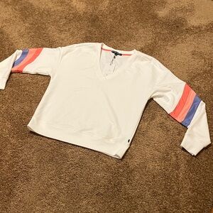THRIVE SOCIETY. Size Small. White V-Neck Sweater with Striped Sleeves. NWT